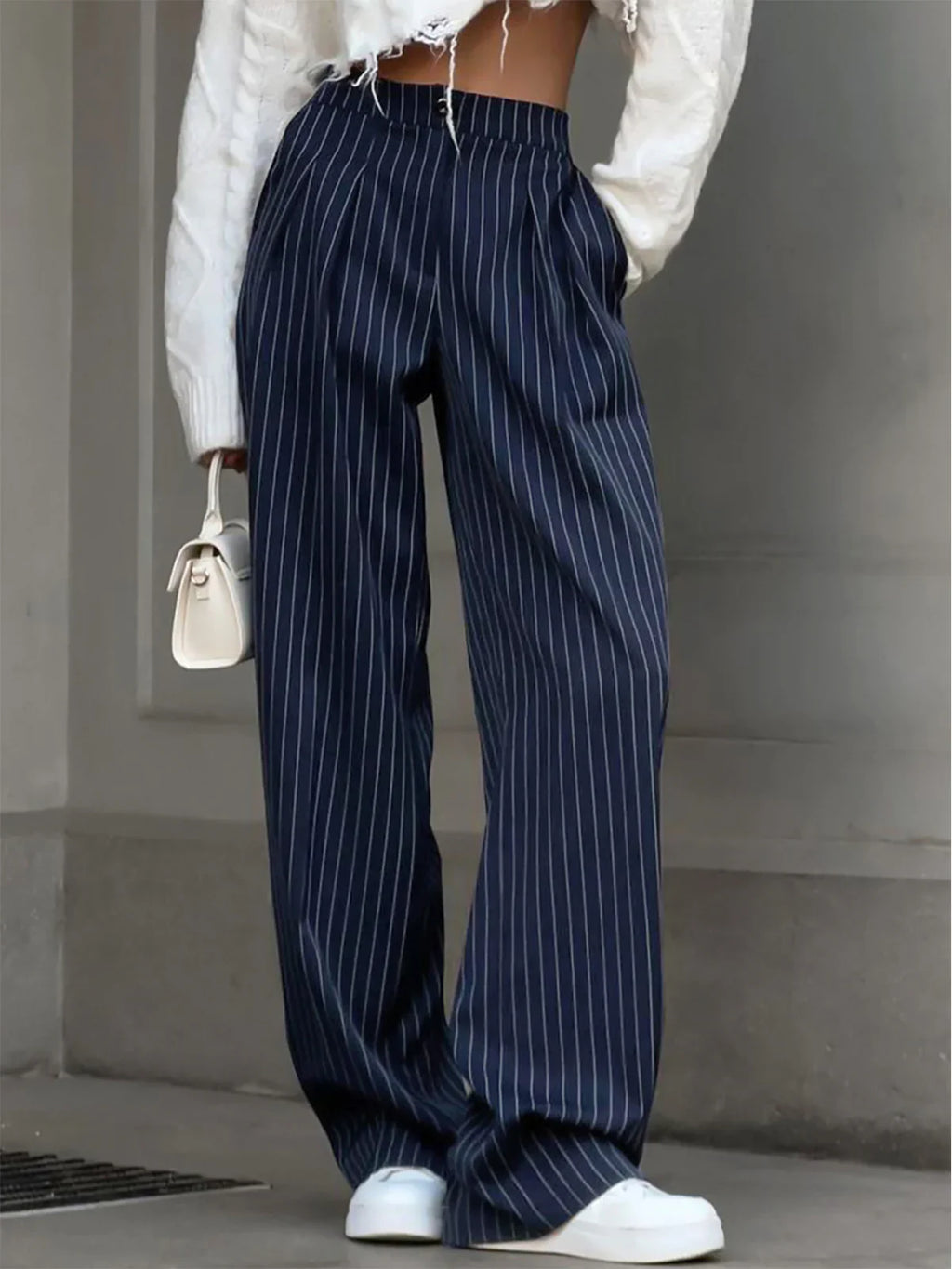 Pantalon Large à Pinces à Rayures Fines