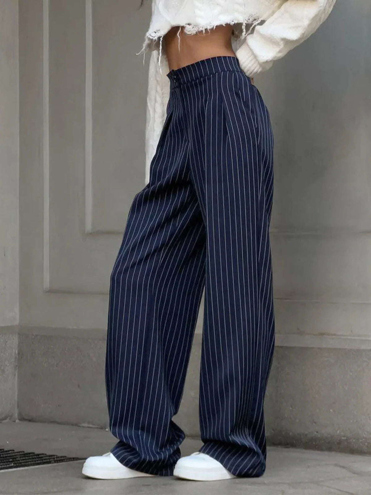 Pantalon Large à Pinces à Rayures Fines