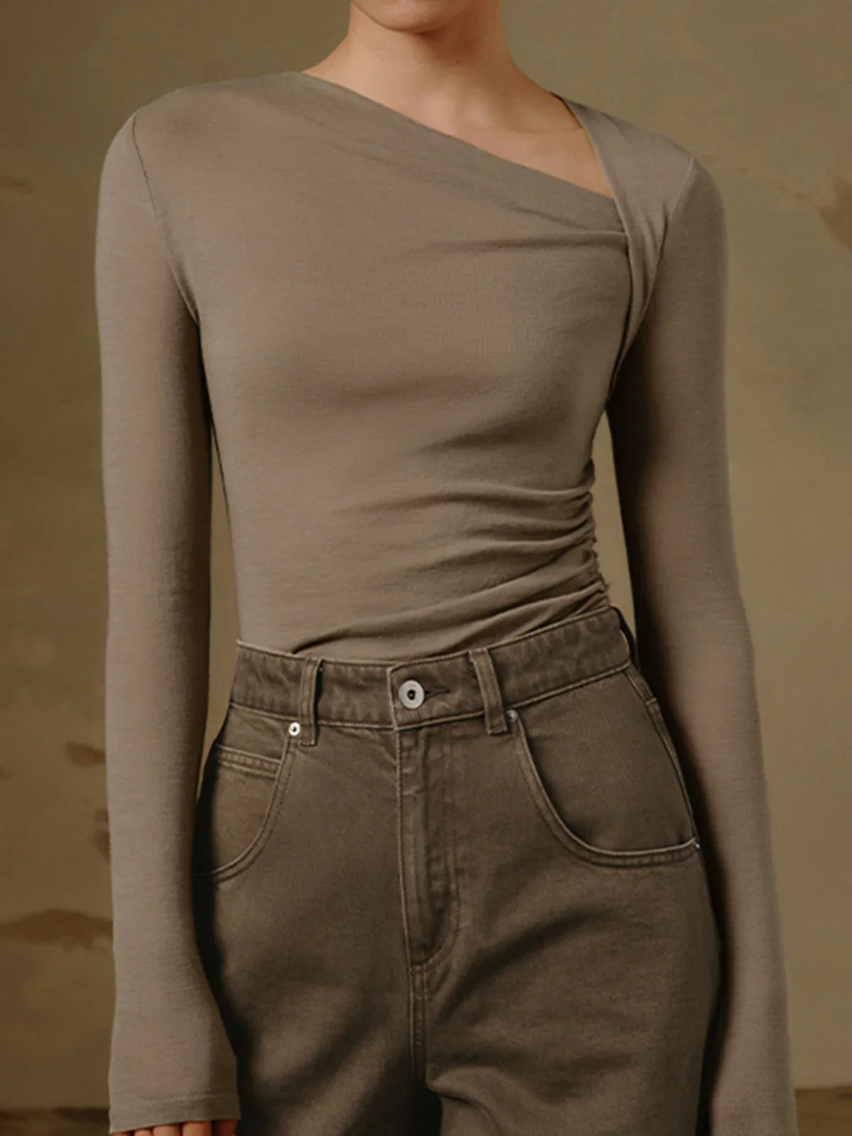 Chemise Asymétrique à Manches Longues en Maille Côtelée