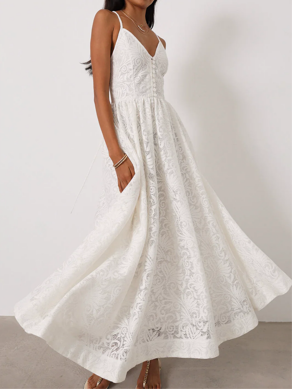 Robe Longue Trudie en Dentelle – Blanc Éclat