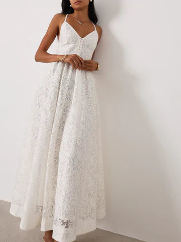 Robe Longue Trudie en Dentelle – Blanc Éclat